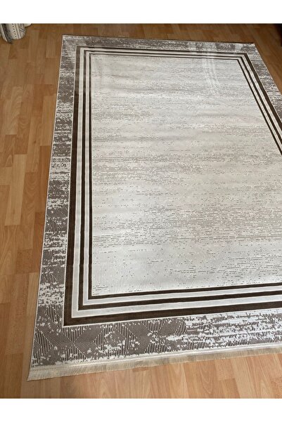 saten halı Krem – Kahverengi Modern Desenli Bambu – Akrilik Halı | Düz Saçakl...
