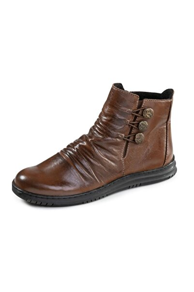 İNZE AYAKKABI Genuine Leather Zippered Brown Boots
