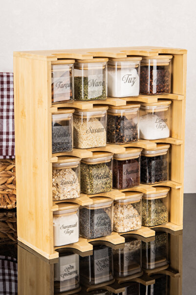 DNS HOME 16-Piece Glass Spice Jar Set with Bamboo Lids, Bamboo Modern Stand, Spice Jar Set with Label Gift