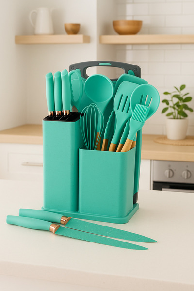 Dania 🌿 Luxury 19-piece kitchen tool set in turquoise and rose gold - elegance and freshness in your kitchen 🍴💎