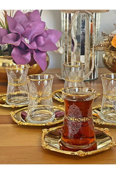 P&ORA PREMIUM KITCHEN PRODUCTS Heybeli̇ Altina Gold Metal Plate with Dantelle Gilded Cup 12 Pieces 6 Person Tea Set Tea Set Glass
