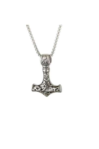 Tessero - Colier viking cu design cubic și pandantiv cu ciocanul lui Thor, oțel inoxidabil, argint