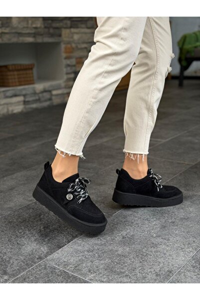 DİVA Siyah Süet Bağcıklı Kadın Günlük Ayakkabı