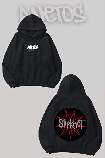 Anetos Hanorac negru cu glugă imprimat pe spate Slipknot