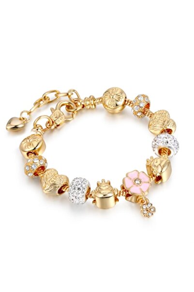 Tessero Brățară cu pandantive pentru femei, model floral, zirconiu, placată cu aur de 18K, 17cm+4cm, auriu