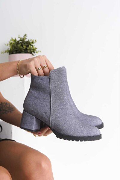 VENTİ VENTİSCAA Kadın Gri Kot Kalın Topuklu Bot