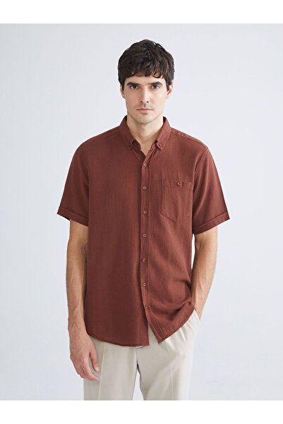 LC Waikiki Ανδρικό πουκάμισο καφέ κοντομάνικο κανονικής εφαρμογής