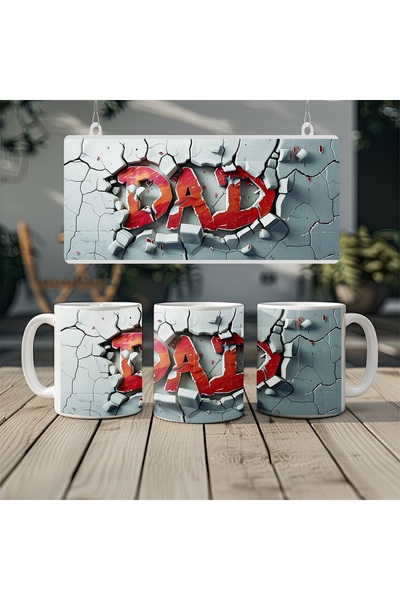 Beramussa كوب بتصميم ثلاثي الأبعاد مكتوب عليه DAD باللون الأحمر - تصميم الأب بمظهر الخرسانة - بدون نقش