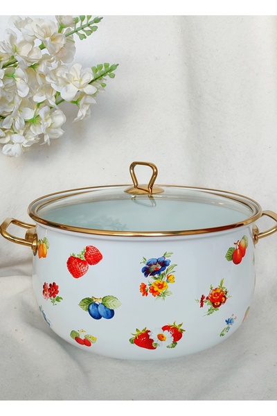 EBRULİEMAYE Strawberry Enamel Lux Pot Large Size 8-Liter Milk Yogurt Cheese Canned Stew Jam Pot