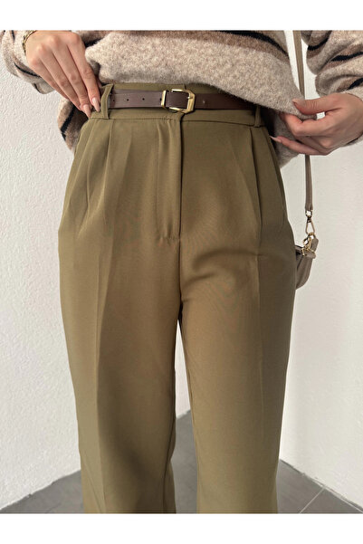 asfamoda Kadın Haki Pileli Tam Kalıp Bel Oturtmalı Geniş Paça Palazzo Pantolon