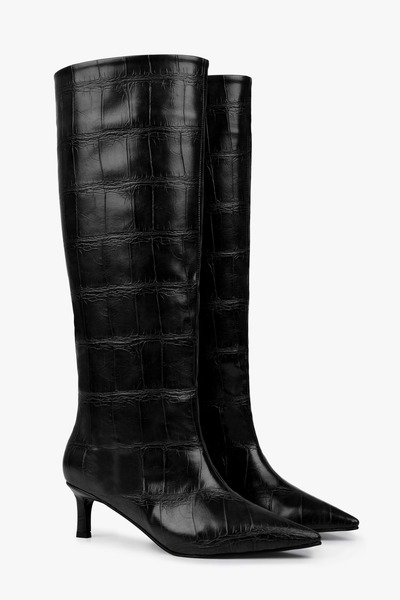 Shoeberry Women's Kaia Black Crocodile Boots