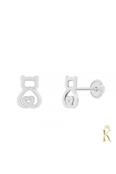 KALINI 14K White Gold Protective Earrings, Cat Outline with Heart, 6 x 5 mm