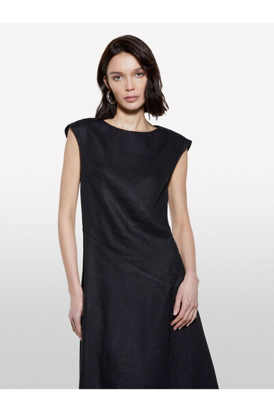 Sisley Women's 100% Linen Asymmetrical Hem Stitching Detail Long Dress 325P4Aghlv073-Sis100