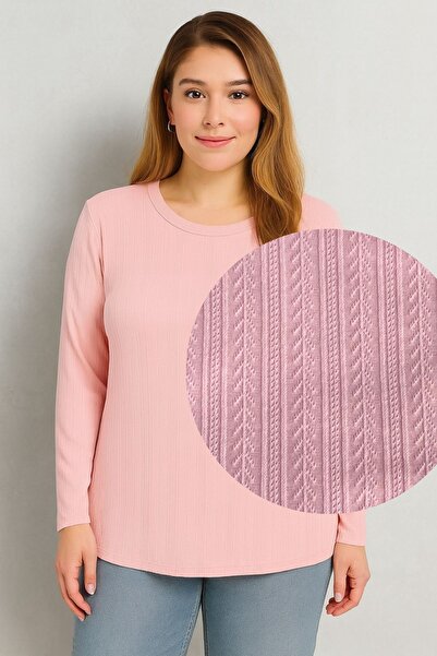 Seamoda Plus Size Round Neck Long Sleeve Ribbed Blouse-Pink