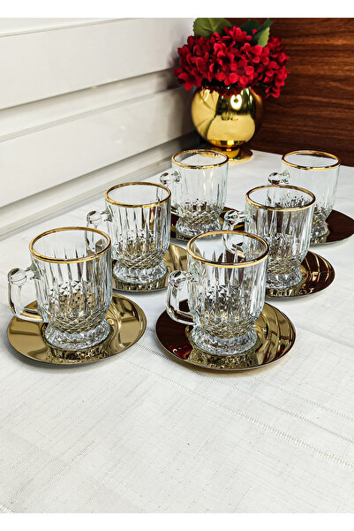 SEÇKİNEV 12 Pieces Timeless Gold Metal Plate Coffee & Tea Cup Set Real Gold Gilded