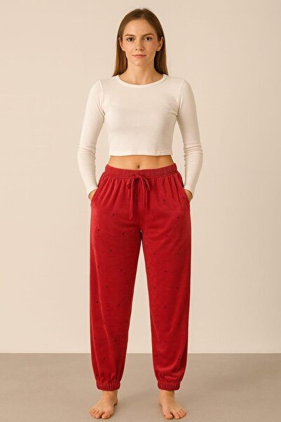 Pemilo Women's Pocketed Leggings with Elasticated Cuffs Velvet Single Bottom Red