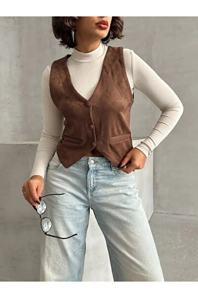 cemo Дамска суедна жилетка със специален дизайн, копчета и V-образно деколте