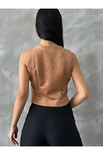 cemo Kadın Süet Özel Tasarım Düğmeli V Yaka Yelek