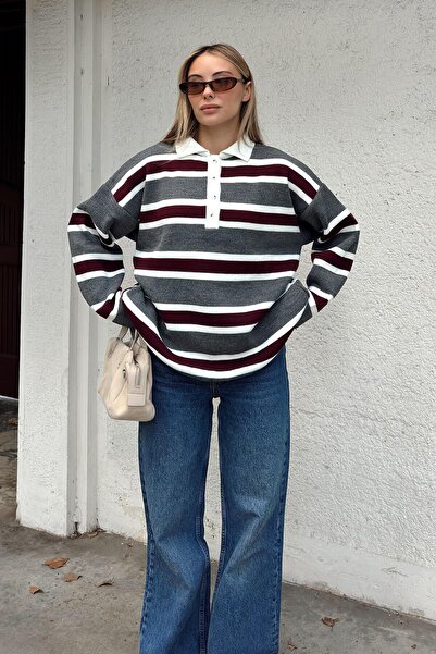 Swist Füme Polo Yaka Kalın Çizgili Kadın Triko Kazak