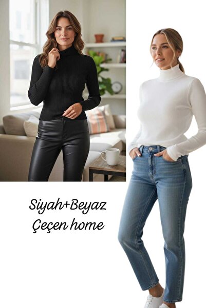 ÇEÇEN HOME (2 штуки) Унісекс бавовняний светр з коміром-стійкою, шардоном, облягаючий, з коміром-стійкою, баді (чорний + білий)