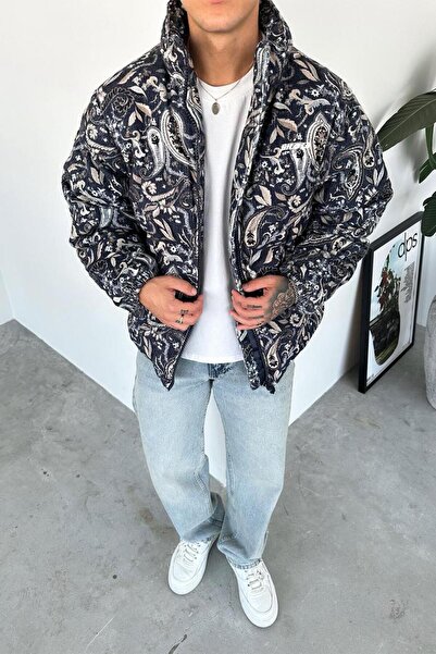 HAFKAGİYİM Синій вельветовий пуховик з візерунком