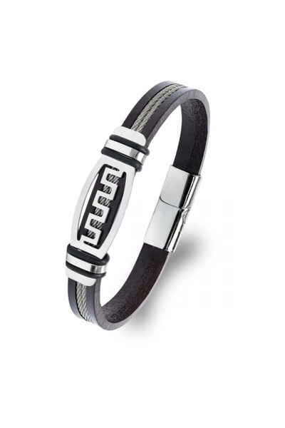 Generic Brand Meander Motif Steel Rope Leather Men's Bracelet 33514B17D1