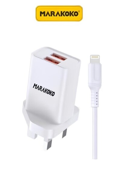 MARAKOKO Charger head with iPhone cable. Dual USB port plug. Safe wall charger. Cell phone chargers, headphones. iPhone plug.