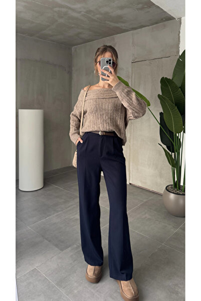 asfamoda Women's Navy Blue Pleated Full-Fit Waist-Fitted Wide-Leg Palazzo Pants