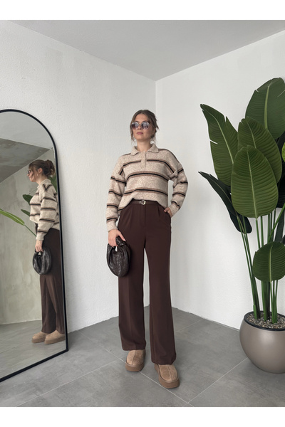 asfamoda Kadın Kahverengi Pileli Tam Kalıp Bel Oturtmalı Geniş Paça Palazzo Pantolon