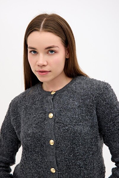 NİLİST Front Gold Button Detailed Towel Fabric Dark Gray Smoked Knitwear