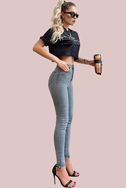 byhaziran butik بنطلون جينز نسائي ضيق عالي الخصر من الليكرا باللون الرمادي من...