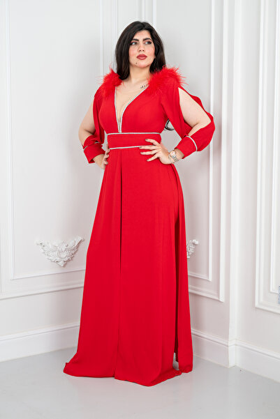 Lara Luxurious red jumpsuit with feather detailing on the shoulders
