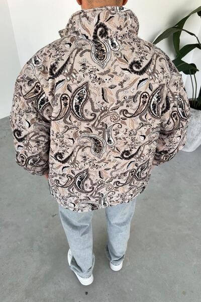 HAFKAGİYİM Μπεζ μοτίβο βελούδινο πουπουλένιο παλτό