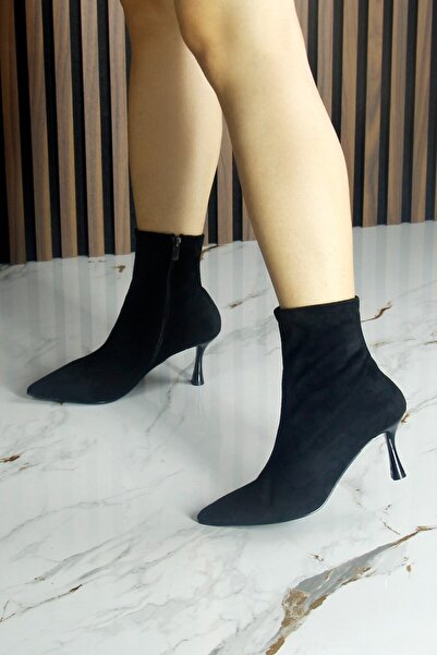 Erkan Saçmacı Kimberly Siyah Süet Streç Sivri Burun Fermuarlı İnce Topuklu Günlük Bot