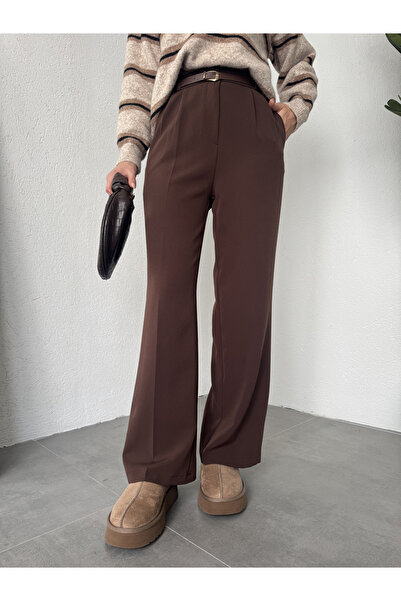 asfamoda Kadın Kahverengi Pileli Tam Kalıp Bel Oturtmalı Geniş Paça Palazzo Pantolon