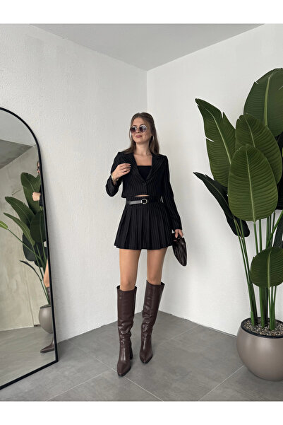 asfamoda Γυναικείο μαύρο ριγέ μπουφάν με μονό κουμπί με επένδυση