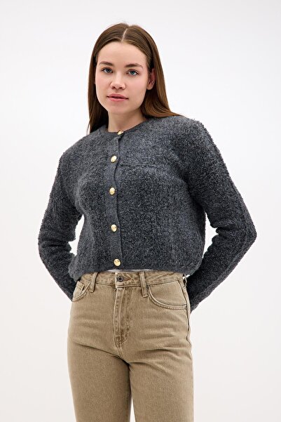 NİLİST Front Gold Button Detailed Towel Fabric Dark Gray Smoked Knitwear