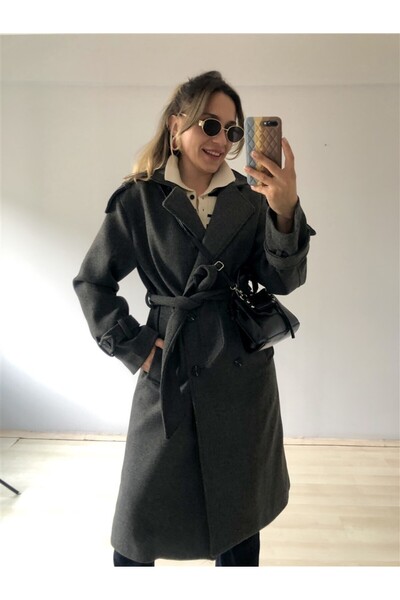 Gözde Tasarım Butik Women's Dark Gray Smoked Anthracite Color Lining with Belt Shawl Coat