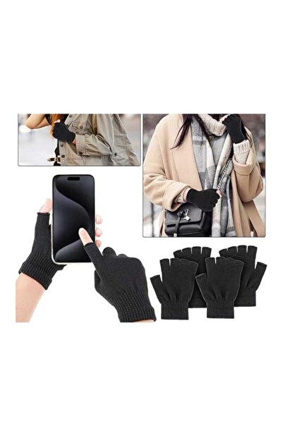 ÇEÇEN HOME (2 Adet) Unisex Yetişkin Siyah Parmaksız Kesik Yarım Parmak Kışlık Örme Triko Eldiven
