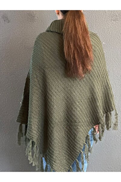 Gönülden Tasarım Knitted Tricot Motifed Tasseled High Neck Poncho Shawl
