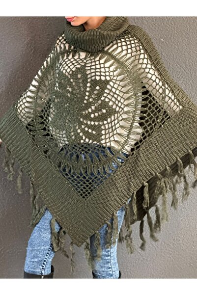 Gönülden Tasarım Knitted Tricot Motifed Tasseled High Neck Poncho Shawl