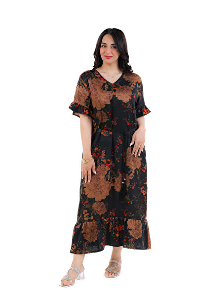 amaan Women Elegant Galaxy Fabric Jalabiya Midi Dress, Ruffle Sleeves, Traditional Arabic Style, Rope Belt