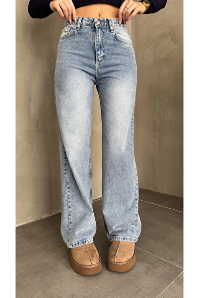 asfamoda Pantaloni de damă, albastru deschis, spălat, largi, cu talie înaltă,...