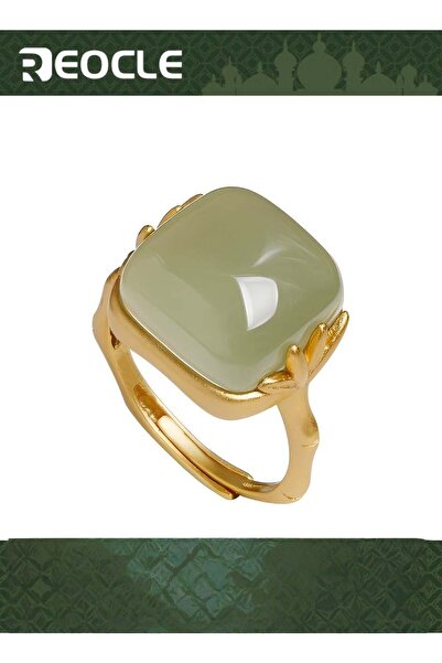 REOCLE Women's Jade Ring Vintage Rectangle Gemstone Adjustable Simple Elegant Retro Jewelry Gift