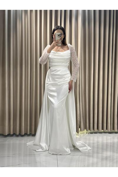 Kaleiçi Yıldızlar Beyaz Payet İşlemeli Pelerin Detaylı Uzun Kollu Abiye Elbis...