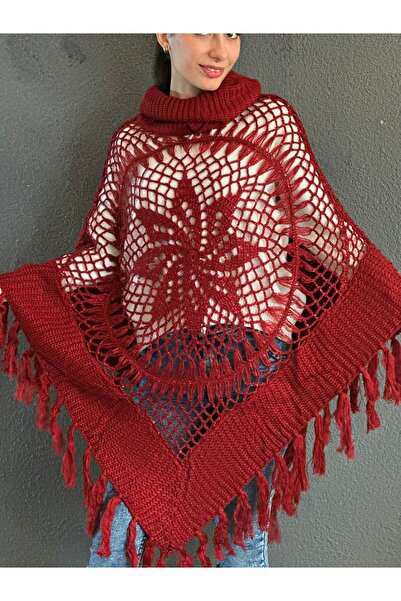 Gönülden Tasarım Knitted Tricot Motifed Tasseled High Neck Poncho Shawl
