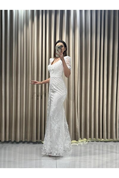 Kaleiçi Yıldızlar Beyaz Dantel Desen Yeni sezon Kısa Kol Abiye 5679