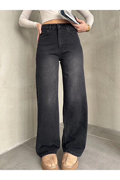 asfamoda Γυναικείο μαύρο πλυντήριο φόρεμα με φαρδύ πόδι ψηλόμεσο τζιν παντελό...