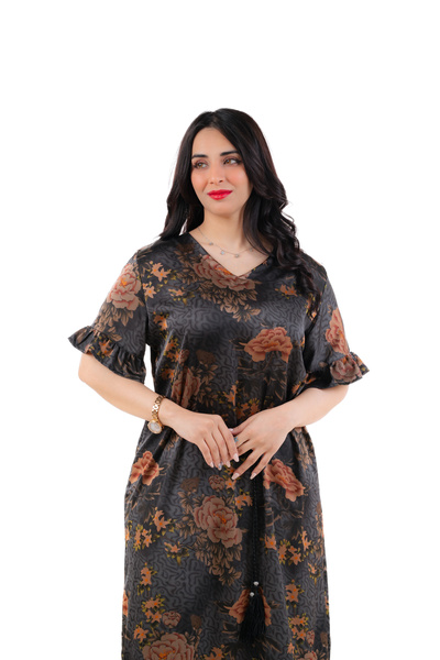amaan Women's Modern Floral Print Galaxy Fabric Midi Jalabiya Flutter Sleeves, Dress with Rope Tie Belt
