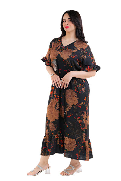 amaan Women Elegant Galaxy Fabric Jalabiya Midi Dress, Ruffle Sleeves, Traditional Arabic Style, Rope Belt